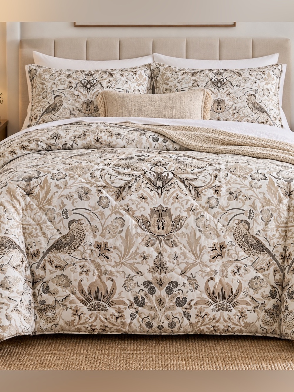 William Morris Beige Floral & Bird Cotton Comforter Set - Queen NWT